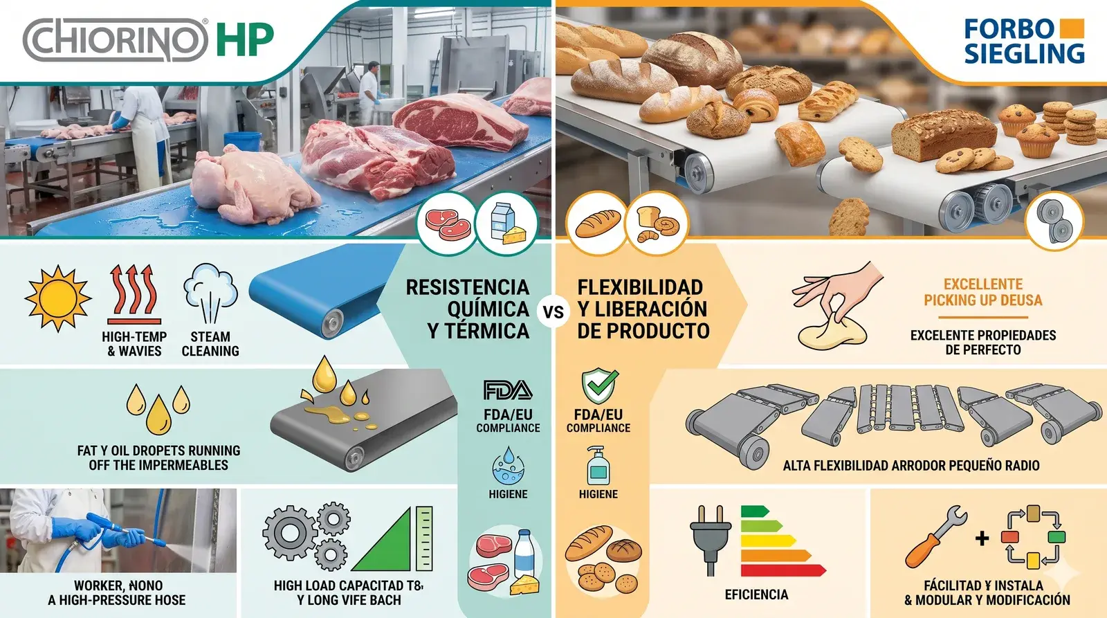 Bandas alimentarias Chiorino HP y Forbo Siegling Transilon — comparativa técnica