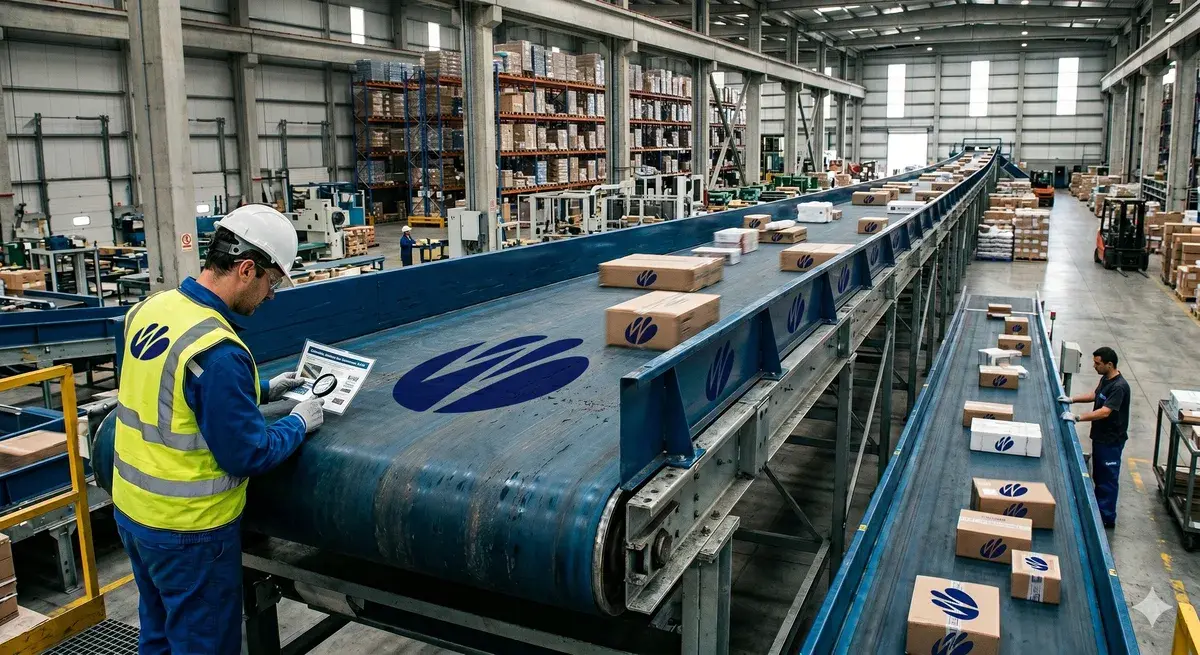 Banda transportadora Chiorino azul original en línea logística con técnicos certificados — cómo verificar autenticidad